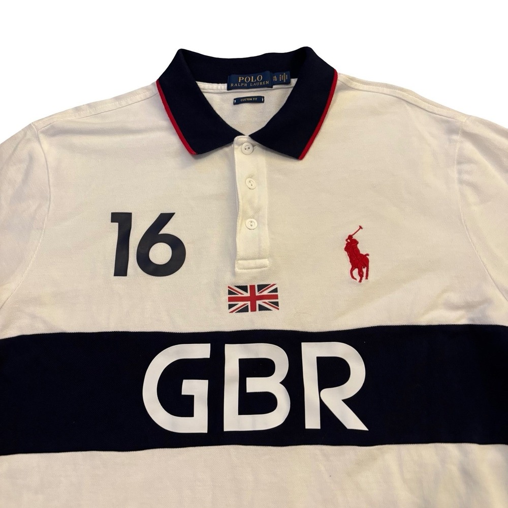 Polo Ralph Lauren GBR Great Britain 16 Polo Shirt Mens XL Custom Fit White Navy